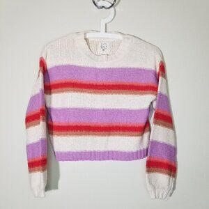 Billabong Striped Knit Sweater Cropped Lavender Orange Crew Neck Top Medium